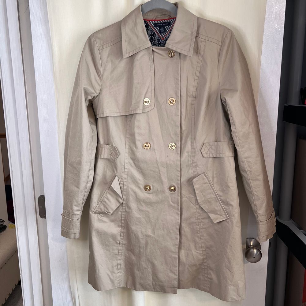 Tommy Hilfiger Classic Double Breasted Trench Coat Khaki Beige Cotton‎ Lined
